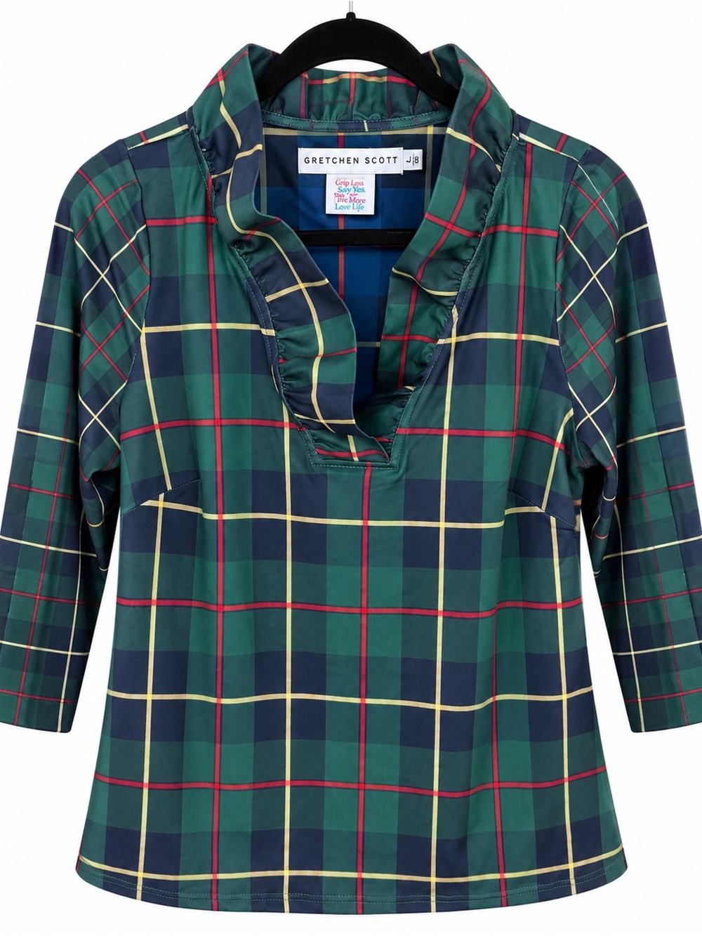 Gretchen Scott Plaid Ruffle Neck Top Green Navy Tartan Holiday Size L